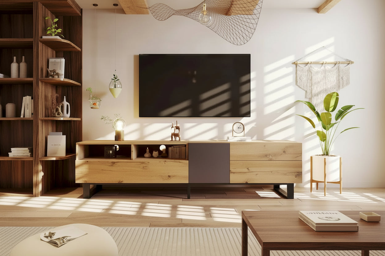 Mobile porta TV Wood+Grey 70.9 con vano contenitore e anta a ribalta per TV fino a 80 pollici