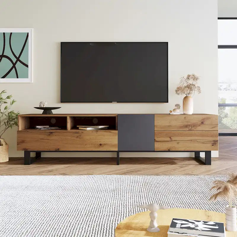 Mobile porta TV Wood+Grey 70.9 con vano contenitore e anta a ribalta per TV fino a 80 pollici