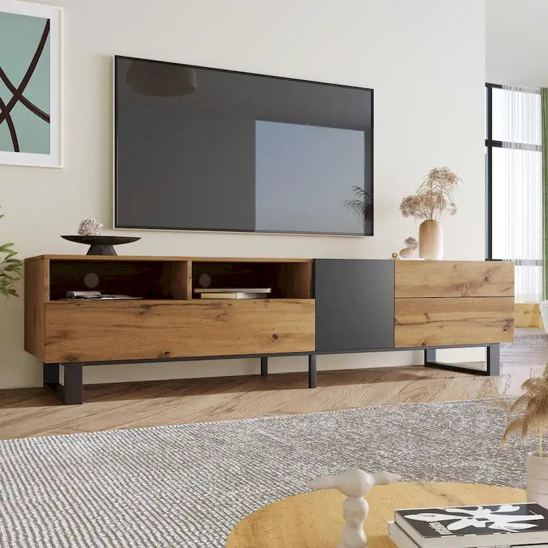 Mobile porta TV Wood+Grey 70.9 con vano contenitore e anta a ribalta per TV fino a 80 pollici