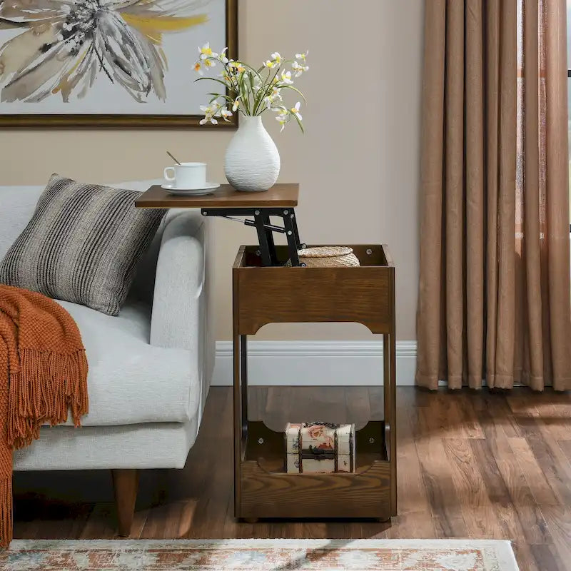 Tavolino salotto Mid Century Modern con piano sollevabile, Piccolo tavolino da divano alzabile con ripiano portaoggetti, Comodino in legno