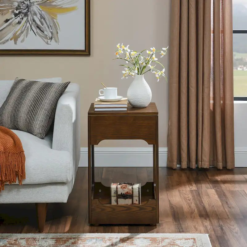 Tavolino salotto Mid Century Modern con piano sollevabile, Piccolo tavolino da divano alzabile con ripiano portaoggetti, Comodino in legno