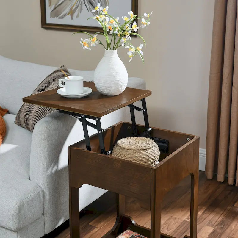 Tavolino salotto Mid Century Modern con piano sollevabile, Piccolo tavolino da divano alzabile con ripiano portaoggetti, Comodino in legno