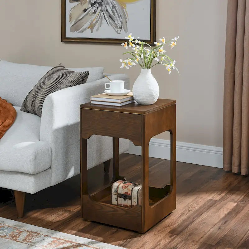 Tavolino salotto Mid Century Modern con piano sollevabile, Piccolo tavolino da divano alzabile con ripiano portaoggetti, Comodino in legno