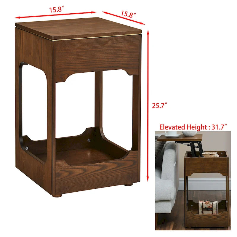 Tavolino salotto Mid Century Modern con piano sollevabile, Piccolo tavolino da divano alzabile con ripiano portaoggetti, Comodino in legno