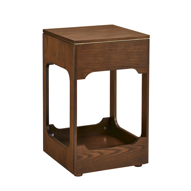 Tavolino salotto Mid Century Modern con piano sollevabile, Piccolo tavolino da divano alzabile con ripiano portaoggetti, Comodino in legno
