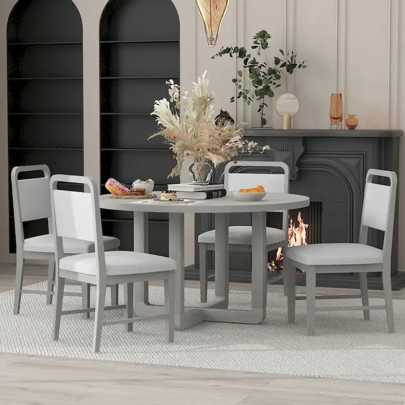 Set Tavolo da Pranzo Rotondo a 5 Pezzi, Tavolo da Pranzo e Sedie in Legno Vintage con Top a Grana di Legno Radiale per Sala da Pranzo e Cucina
