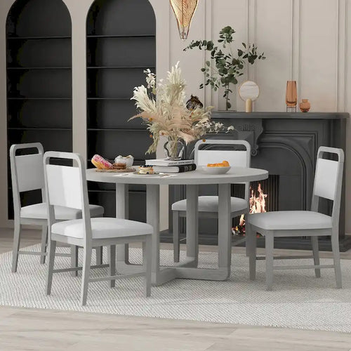 5-Piece Round Dining Table Set Vintage Wood Dining Table and Chair Set with Radial Wood Grain Top for Dining Room Kitchen
