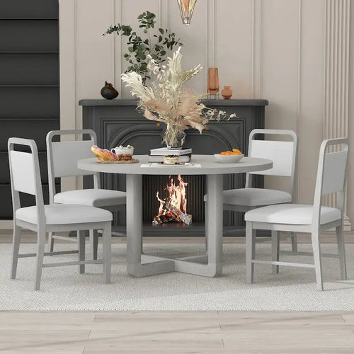 Set Tavolo da Pranzo Rotondo a 5 Pezzi, Tavolo da Pranzo e Sedie in Legno Vintage con Top a Grana di Legno Radiale per Sala da Pranzo e Cucina