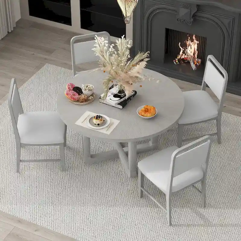 Set Tavolo da Pranzo Rotondo a 5 Pezzi, Tavolo da Pranzo e Sedie in Legno Vintage con Top a Grana di Legno Radiale per Sala da Pranzo e Cucina