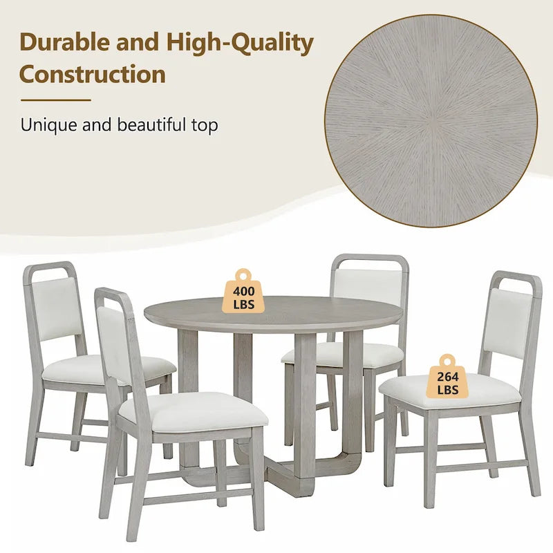 Set Tavolo da Pranzo Rotondo a 5 Pezzi, Tavolo da Pranzo e Sedie in Legno Vintage con Top a Grana di Legno Radiale per Sala da Pranzo e Cucina