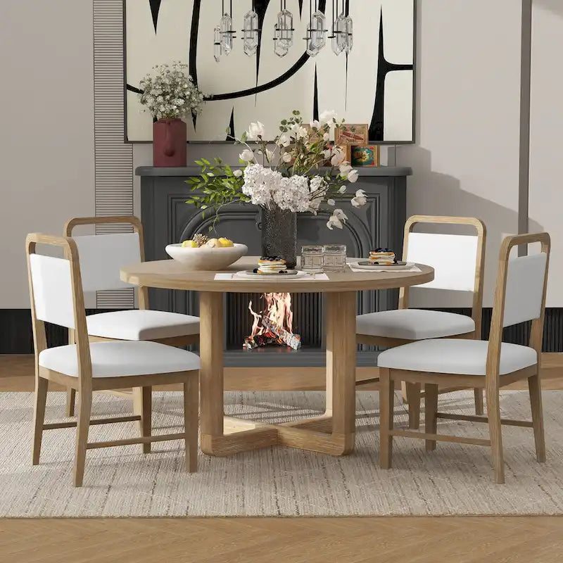 Set Tavolo da Pranzo Rotondo a 5 Pezzi, Tavolo da Pranzo e Sedie in Legno Vintage con Top a Grana di Legno Radiale per Sala da Pranzo e Cucina