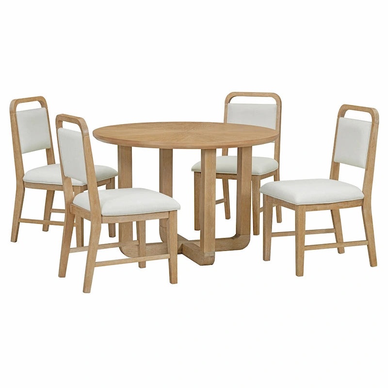 Set Tavolo da Pranzo Rotondo a 5 Pezzi, Tavolo da Pranzo e Sedie in Legno Vintage con Top a Grana di Legno Radiale per Sala da Pranzo e Cucina