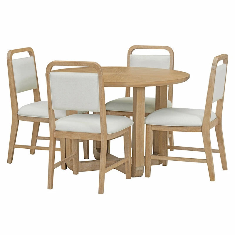 Set Tavolo da Pranzo Rotondo a 5 Pezzi, Tavolo da Pranzo e Sedie in Legno Vintage con Top a Grana di Legno Radiale per Sala da Pranzo e Cucina