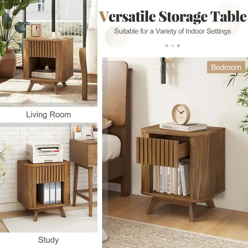 Comodino in legno 1/2 pz con cassetto e ripiano aperto