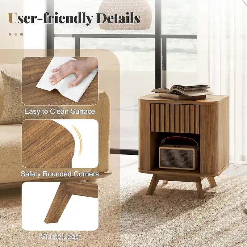 Comodino in legno 1/2 pz con cassetto e ripiano aperto