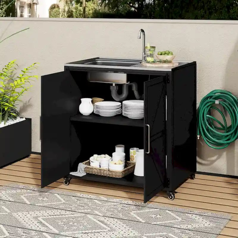 Lavello da Cucina Mobile da Esterno, Postazione Modulare con Armadietto per Patio