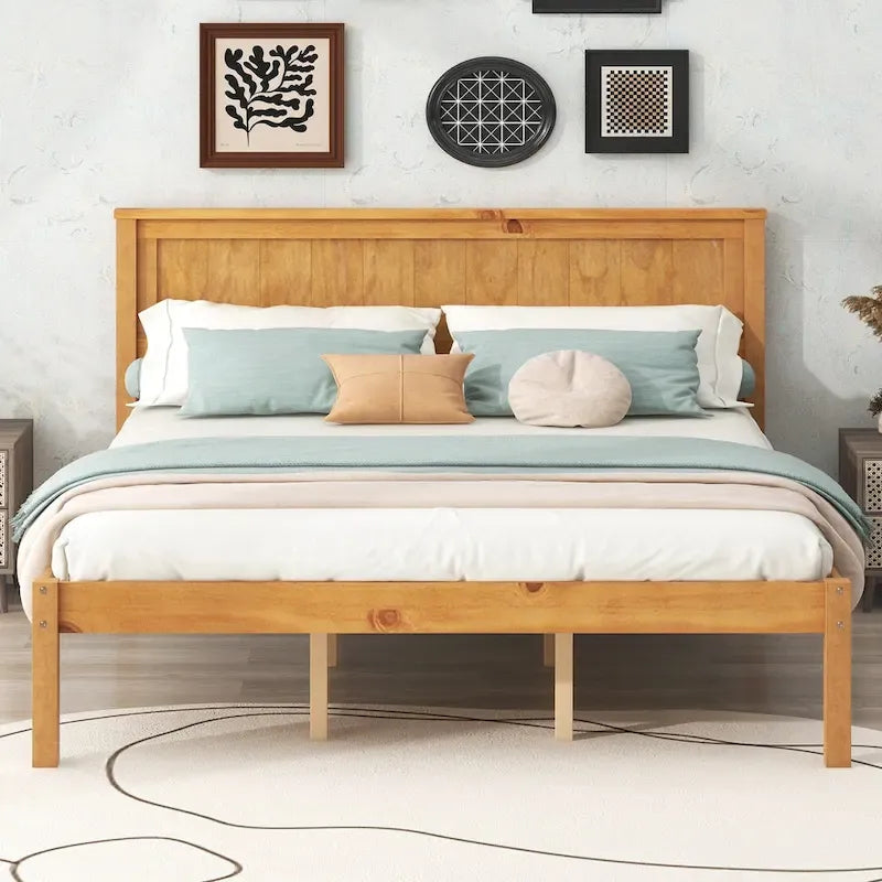 Letto a piattaforma matrimoniale in pino espresso con testiera e supporto a doghe in legno per camera da letto