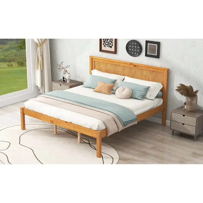 Letto a piattaforma matrimoniale in pino espresso con testiera e supporto a doghe in legno per camera da letto