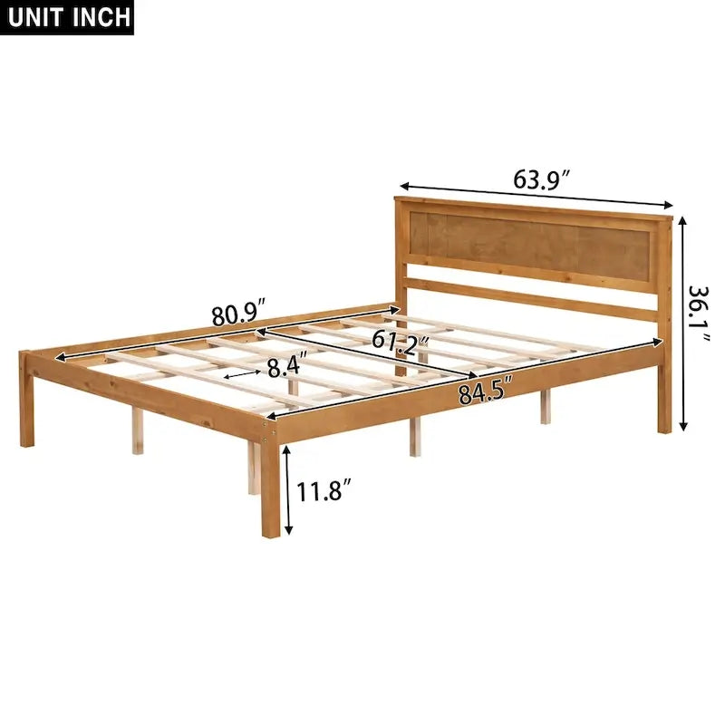 Letto a piattaforma matrimoniale in pino espresso con testiera e supporto a doghe in legno per camera da letto