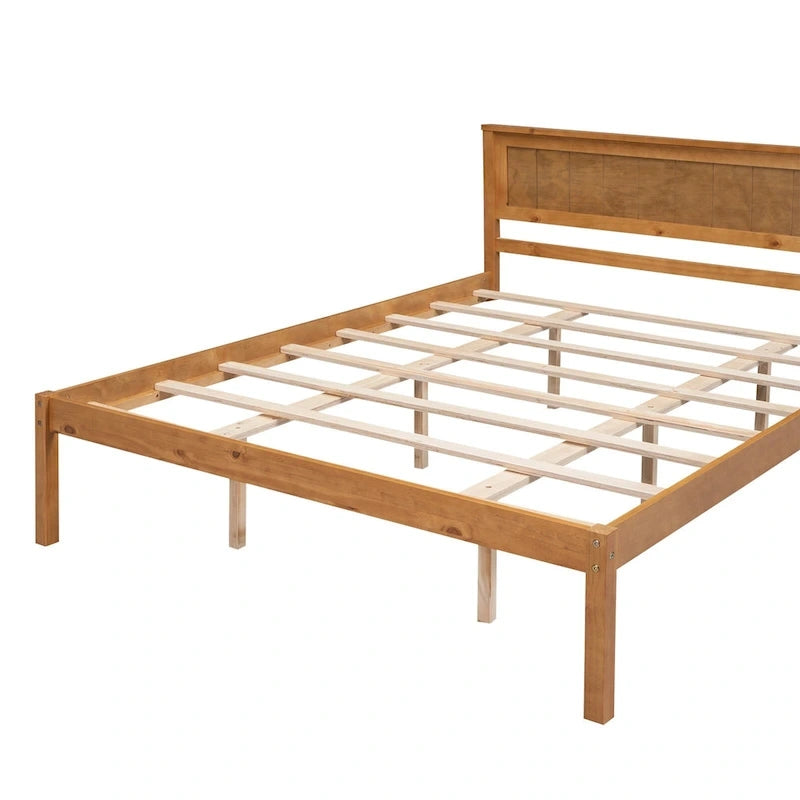 Letto a piattaforma matrimoniale in pino espresso con testiera e supporto a doghe in legno per camera da letto