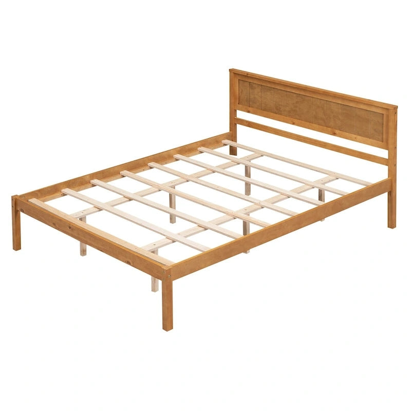 Letto a piattaforma matrimoniale in pino espresso con testiera e supporto a doghe in legno per camera da letto
