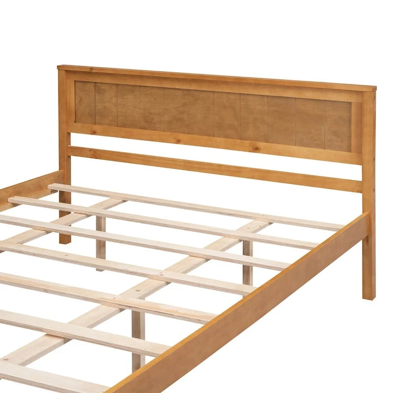 Letto a piattaforma matrimoniale in pino espresso con testiera e supporto a doghe in legno per camera da letto
