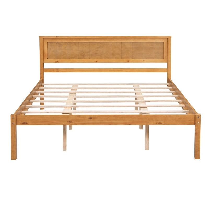 Letto a piattaforma matrimoniale in pino espresso con testiera e supporto a doghe in legno per camera da letto