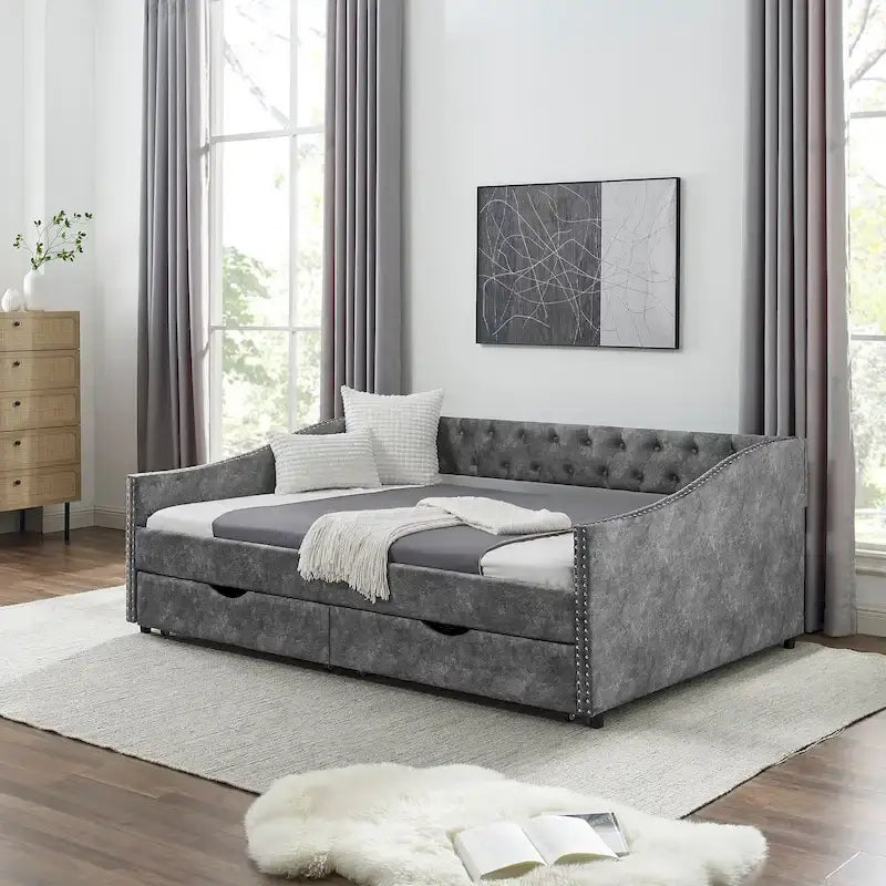 Struttura letto a giorno in lino con due cassetti e schienale trapuntato, dimensioni matrimoniali