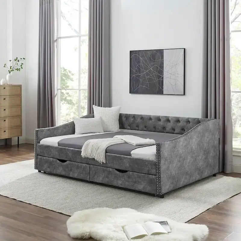 Struttura letto a giorno in lino con due cassetti e schienale trapuntato, dimensioni matrimoniali
