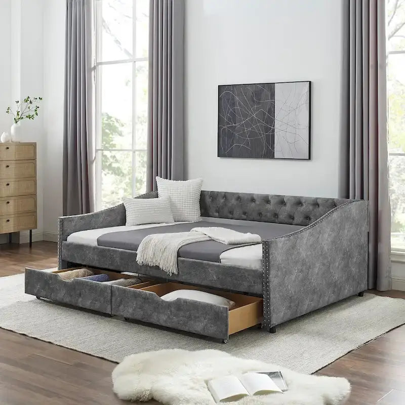 Struttura letto a giorno in lino con due cassetti e schienale trapuntato, dimensioni matrimoniali