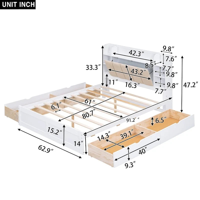 Letto a piattaforma Queen Size con testiera contenitore
