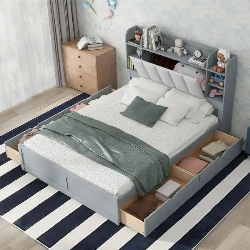 Letto a piattaforma Queen Size con testiera contenitore