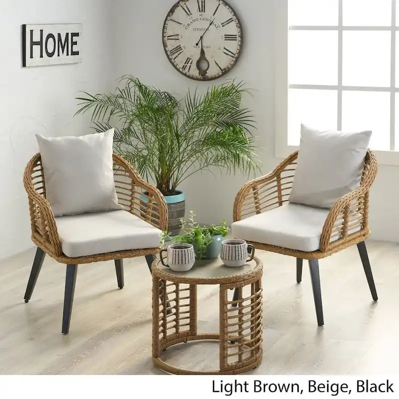 Set da salotto moderno e boho in vimini per interni con tavolino laterale