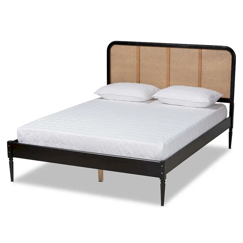 Letto a piattaforma Mid-Century Modern in legno e rattan sintetico - Antracite