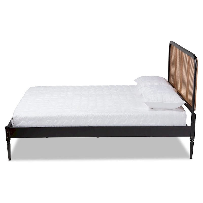 Letto a piattaforma Mid-Century Modern in legno e rattan sintetico - Antracite