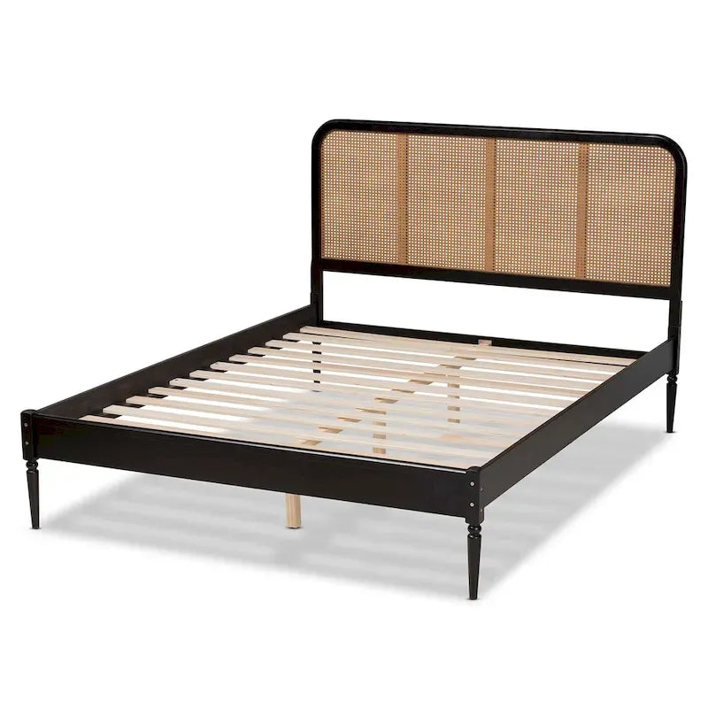 Letto a piattaforma Mid-Century Modern in legno e rattan sintetico - Antracite