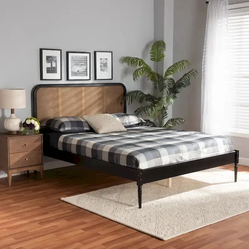 Letto a piattaforma Mid-Century Modern in legno e rattan sintetico - Antracite