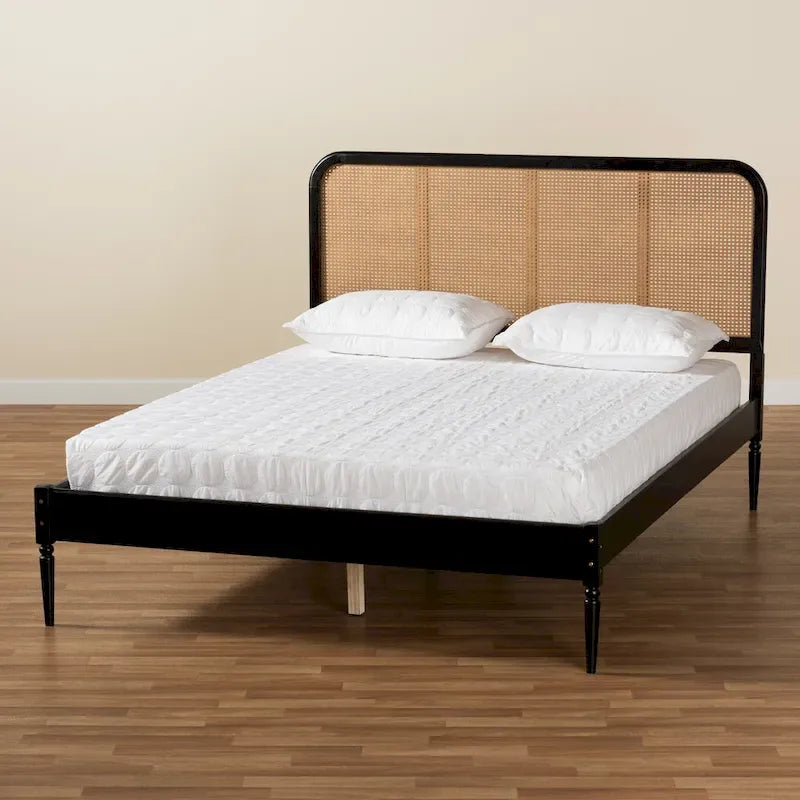 Letto a piattaforma Mid-Century Modern in legno e rattan sintetico - Antracite