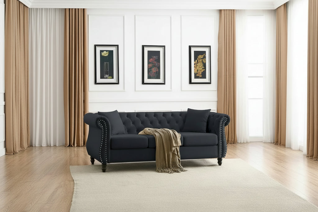 [Video] 80 Chesterfield Sofa Black Velvet for Living Room, 3 Seater Sofa Tufted Couch with Rolled Arms and Nailhead for Living