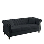 [Video] Divano Chesterfield 80 pollici in velluto nero per soggiorno, divano a 3 posti imbottito con braccioli arrotolati e borchie decorative