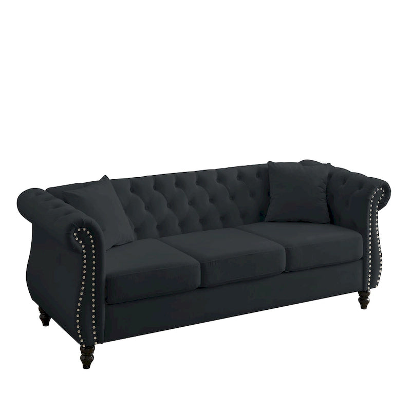[Video] Divano Chesterfield 80 pollici in velluto nero per soggiorno, divano a 3 posti imbottito con braccioli arrotolati e borchie decorative