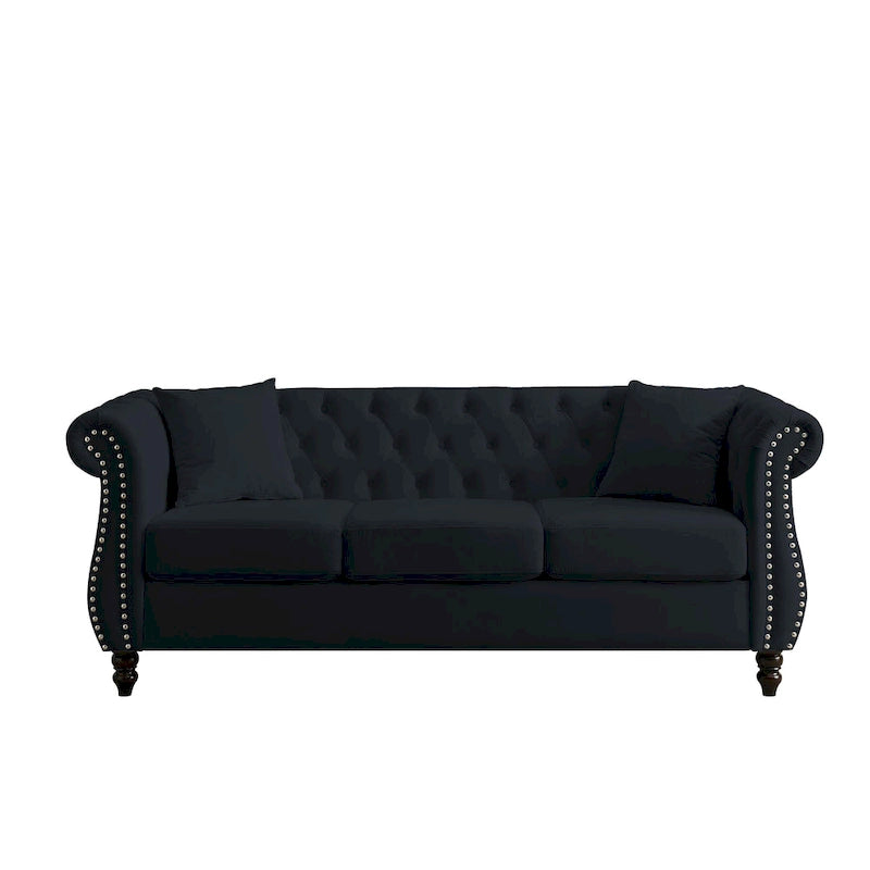 [Video] Divano Chesterfield 80 pollici in velluto nero per soggiorno, divano a 3 posti imbottito con braccioli arrotolati e borchie decorative