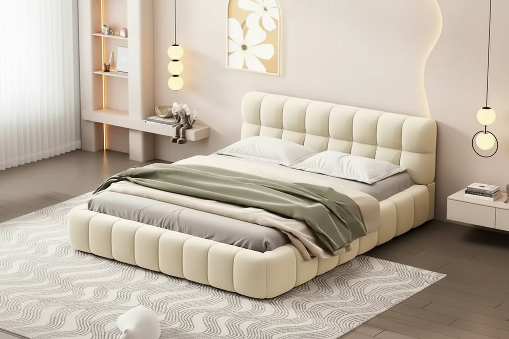 Queen Size Upholstered Platform Bed with Thick Fabric, Grounded Bed with Solid Frame, Beige