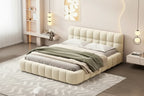 Queen Size Upholstered Platform Bed with Thick Fabric, Grounded Bed with Solid Frame, Beige