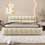 Letto imbottito a piattaforma Queen Size con tessuto spesso, letto a terra con struttura solida, Beige