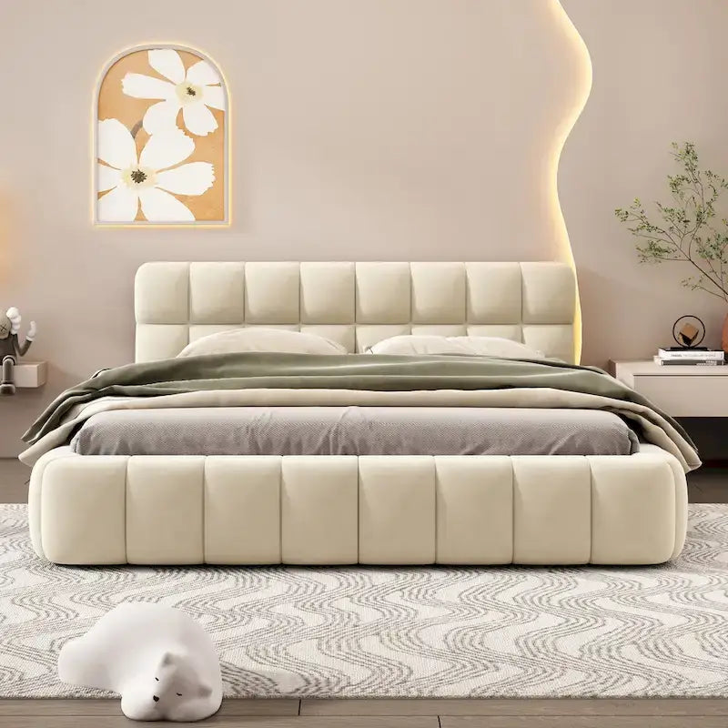 Letto imbottito a piattaforma Queen Size con tessuto spesso, letto a terra con struttura solida, Beige
