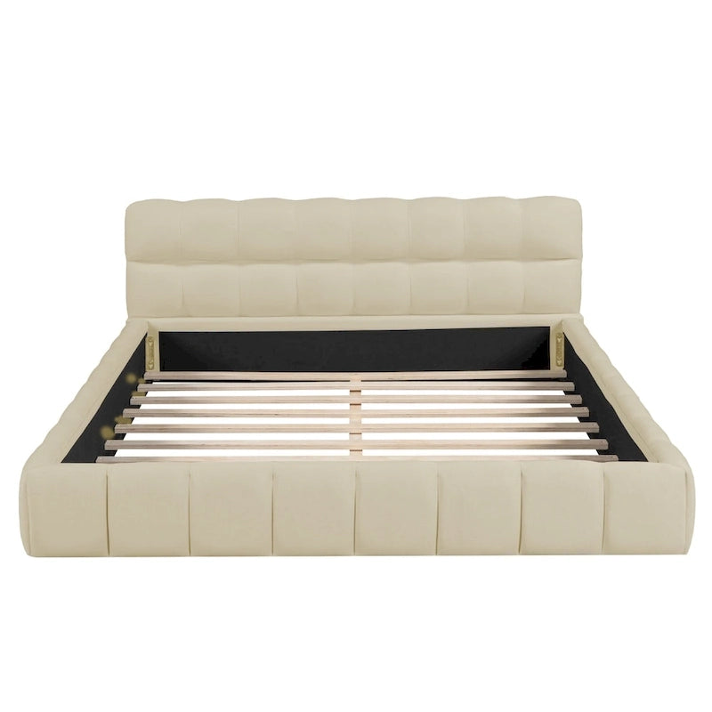 Letto imbottito a piattaforma Queen Size con tessuto spesso, letto a terra con struttura solida, Beige
