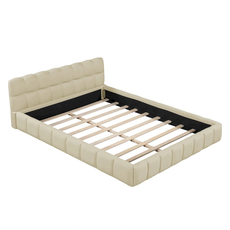 Letto imbottito a piattaforma Queen Size con tessuto spesso, letto a terra con struttura solida, Beige