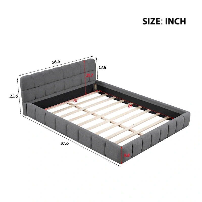 Letto imbottito a piattaforma Queen Size con tessuto spesso, letto a terra con struttura solida, Beige