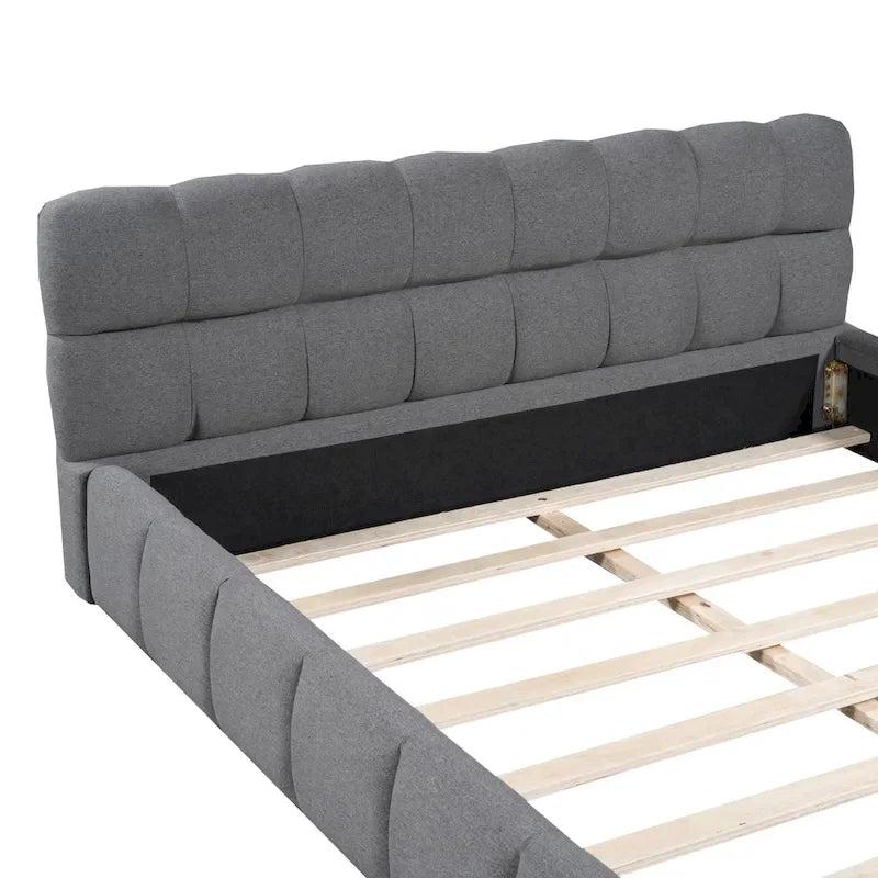Letto imbottito a piattaforma Queen Size con tessuto spesso, letto a terra con struttura solida, Beige